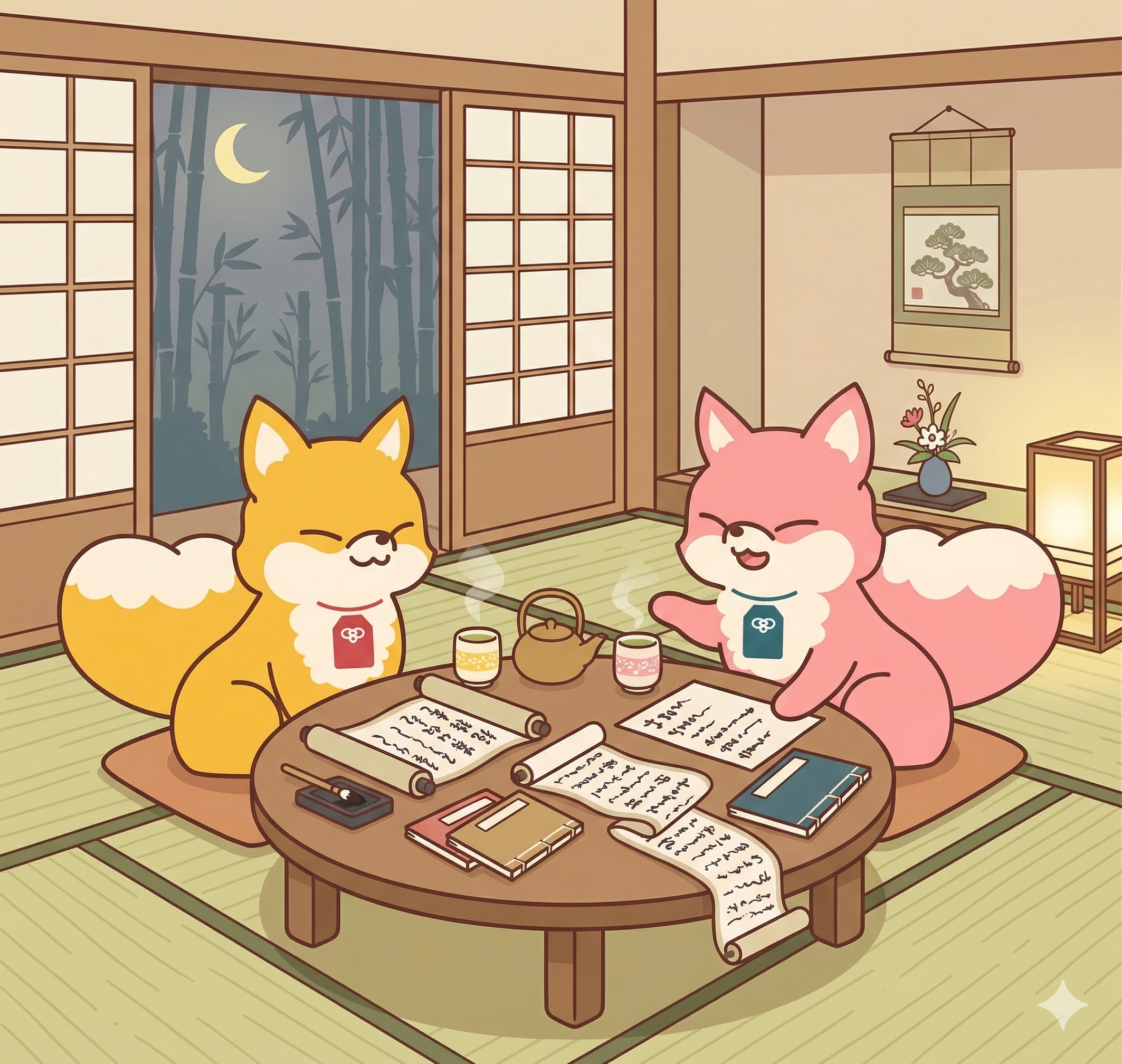 和室で書類を確認するツナギツネ